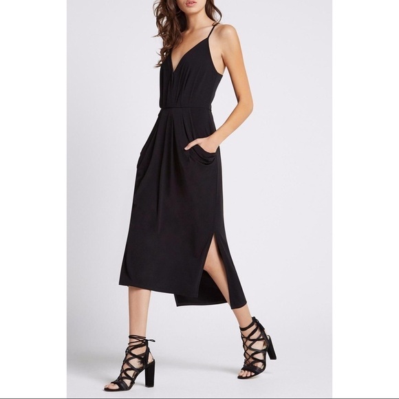 BCBGeneration Black Pencil Slit V-Neck Faux Wrap Midi Dress with Pockets NWT - Picture 1 of 8